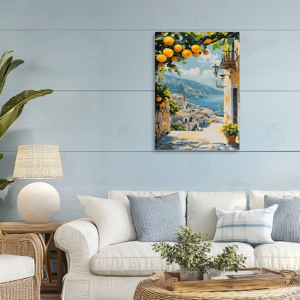 Creative Studio Lemon Tree Overlooking Coast Stretched Canvas Wall Art in Room