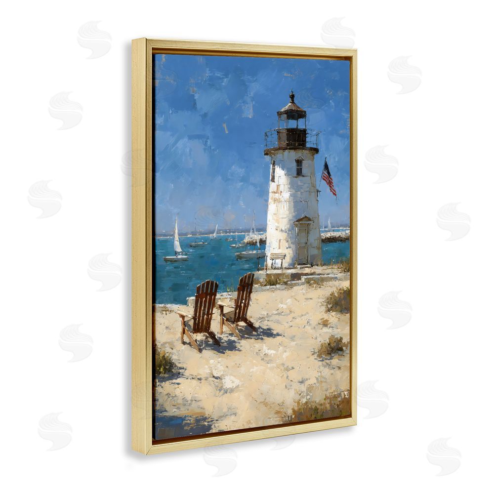 Petal Prints Design Summer at Lighthouse Bay Gold Floating Framed Canvas Wall Art Print