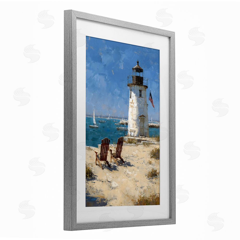 Petal Prints Design Summer at Lighthouse Bay Gray Framed Print Under Glass with White Mat Wall Art