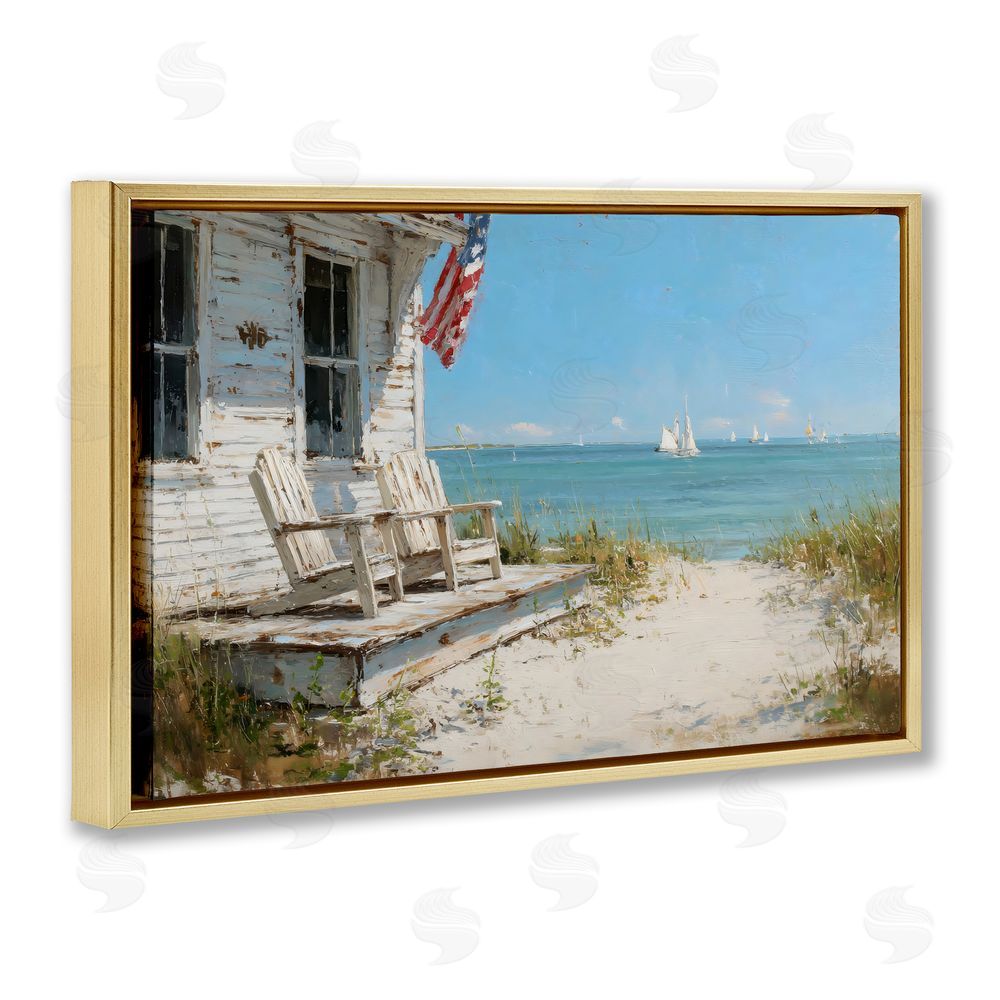 Petal Prints Design By The Ocean Cottage Retreat Gold Floating Frame Stretched Canvas Wall Art Print