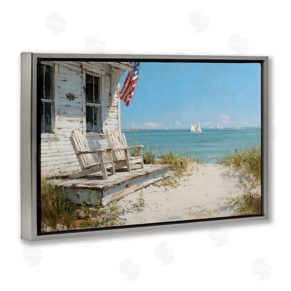 Petal Prints Design By The Ocean Cottage Retreat Gray Floating Frame Stretched Canvas Wall Art Print