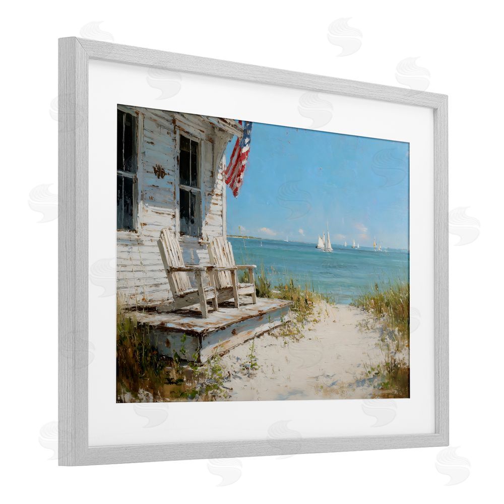 Petal Prints Design By The Ocean Cottage Retreat Gray Framed Print Under Glass with Matting Wall Art