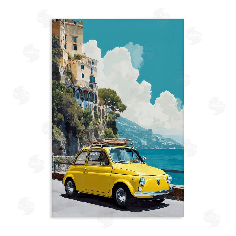 Petal Prints Design Yellow Car on Coast Stretched Canvas Wall Art Print