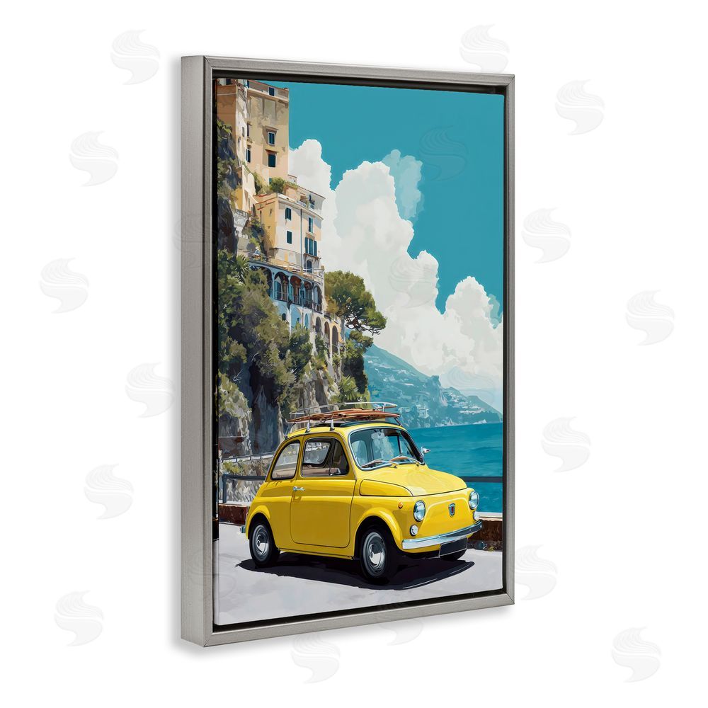 Petal Prints Design Yellow Car on Coast Gray Floating Framed Canvas Wall Art Print