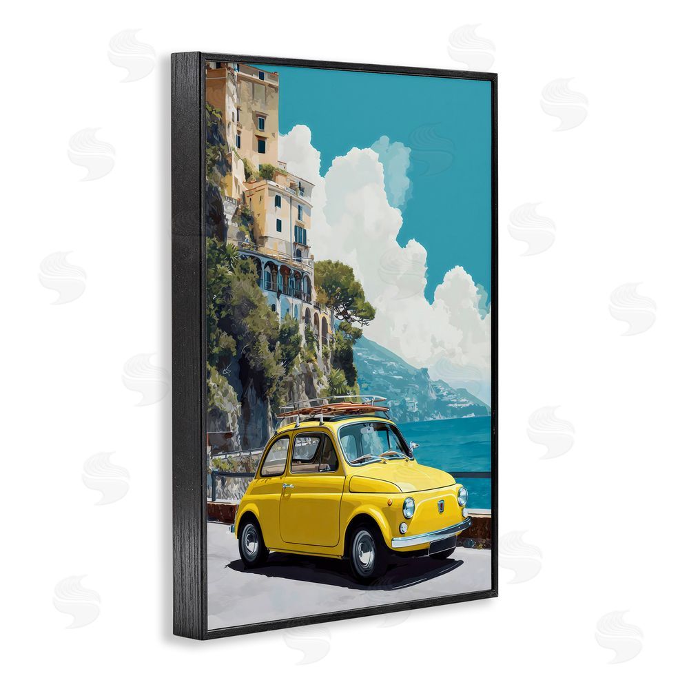 Petal Prints Design Yellow Car on Coast Black Framed Giclee Wall Art Print
