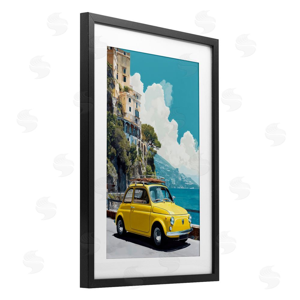 Petal Prints Design Yellow Car on Coast Black Framed Print Under Glass with White Mat Wall Art