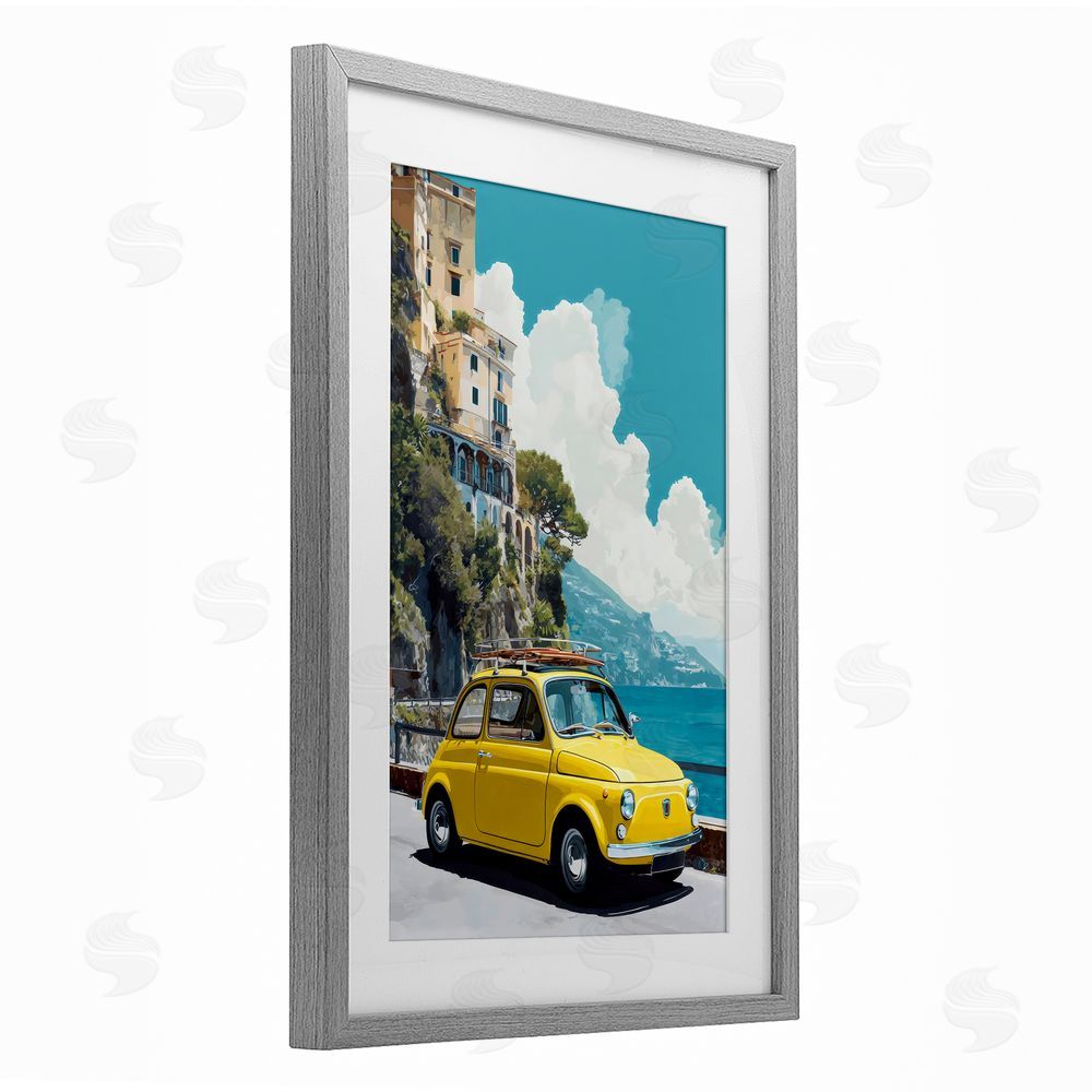 Petal Prints Design Yellow Car on Coast Gray Framed Print Under Glass with White Mat Wall Art