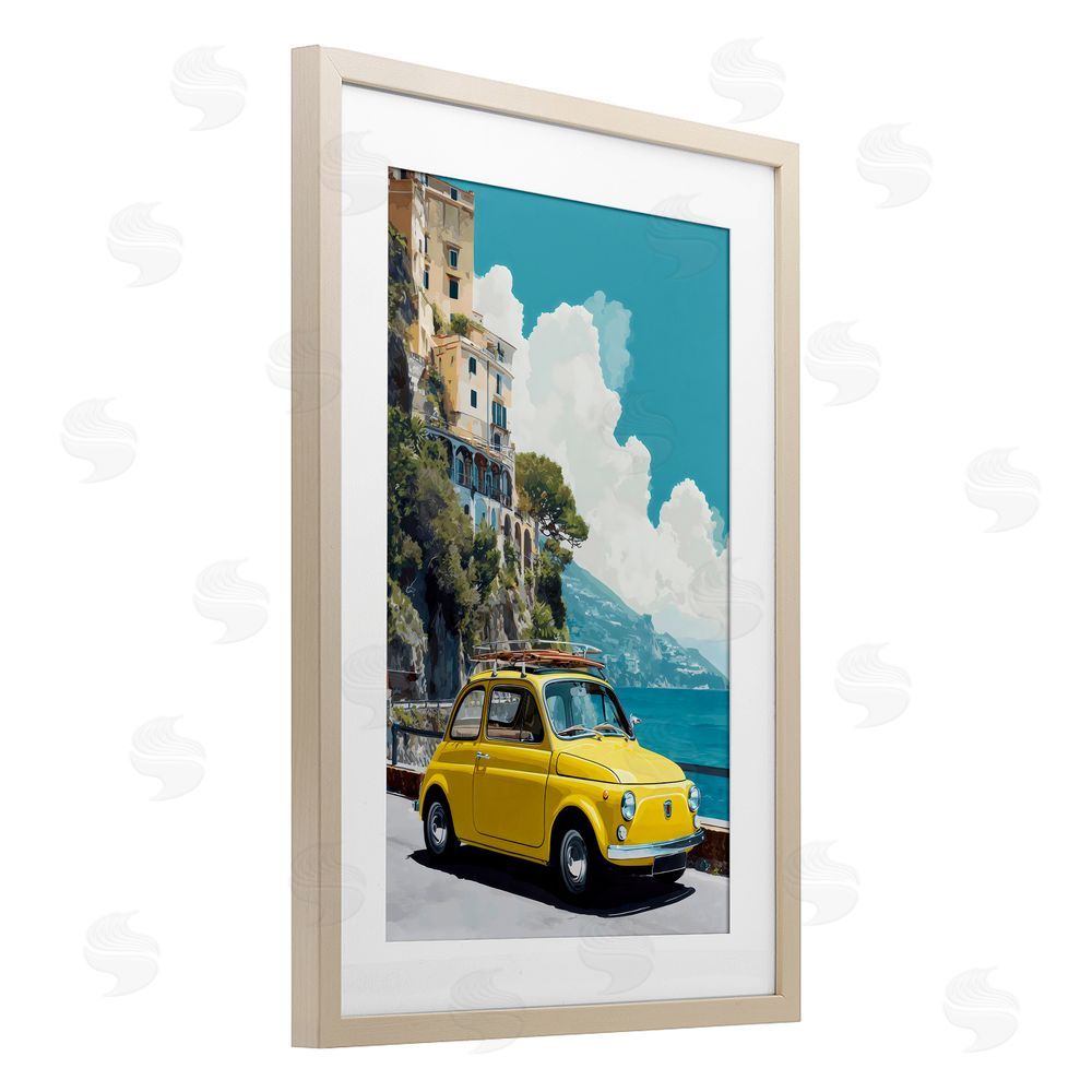 Petal Prints Design Yellow Car on Coast Brown Framed Print Under Glass with White Mat Wall Art