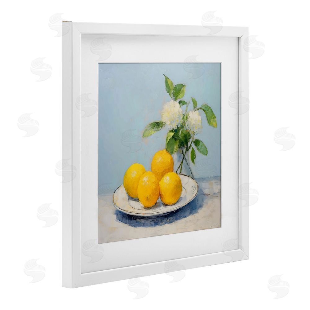 Creative Studio Vase of Flowers and Lemons White Framed Print Under Glass with White Mat Wall Art
