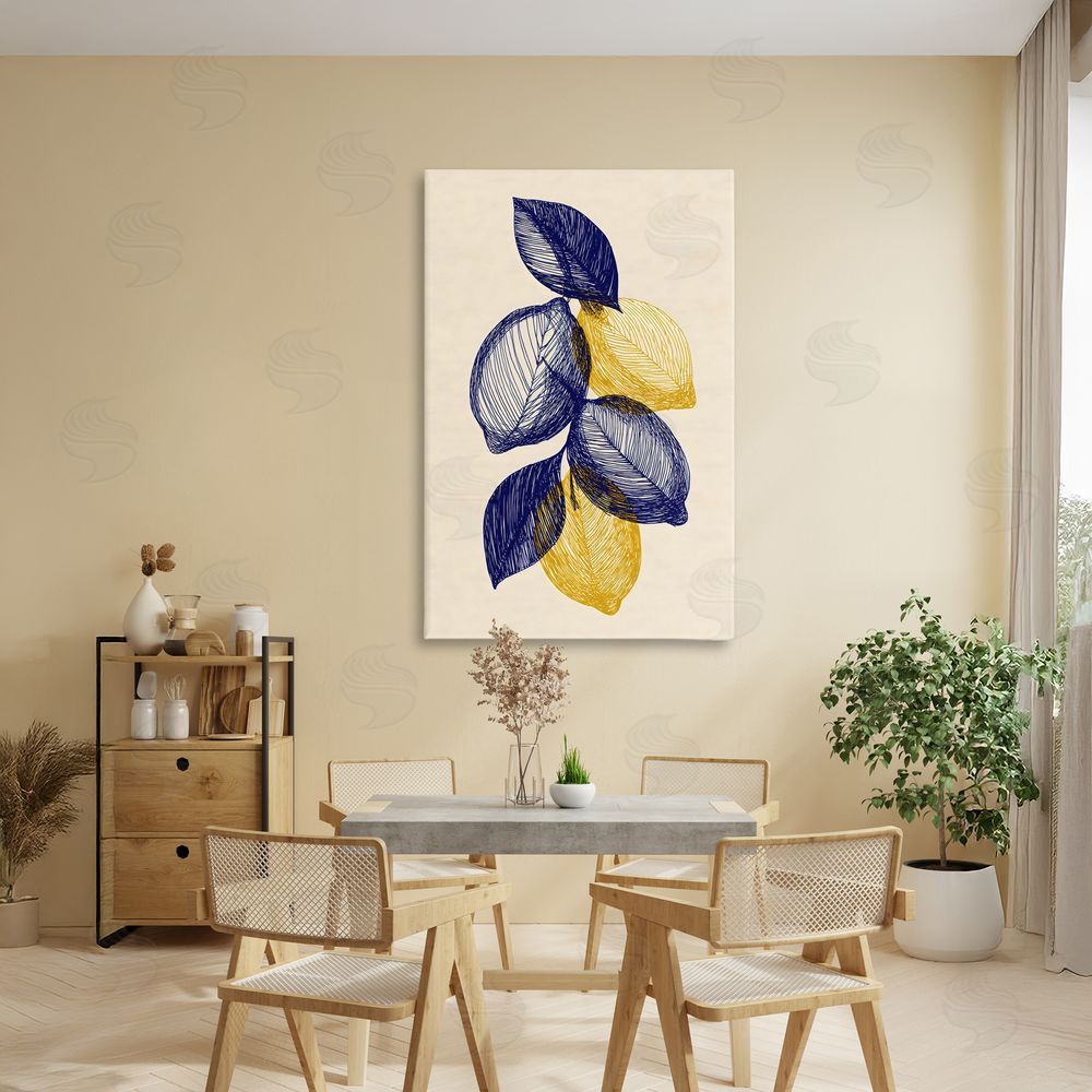 Petal Prints Design Navy Lemons Botanical Sketch Stretched Canvas Wall Art in Room