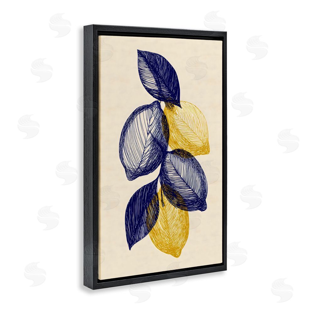 Petal Prints Design Navy Lemons Botanical Sketch Black Floating Framed Canvas Wall Art