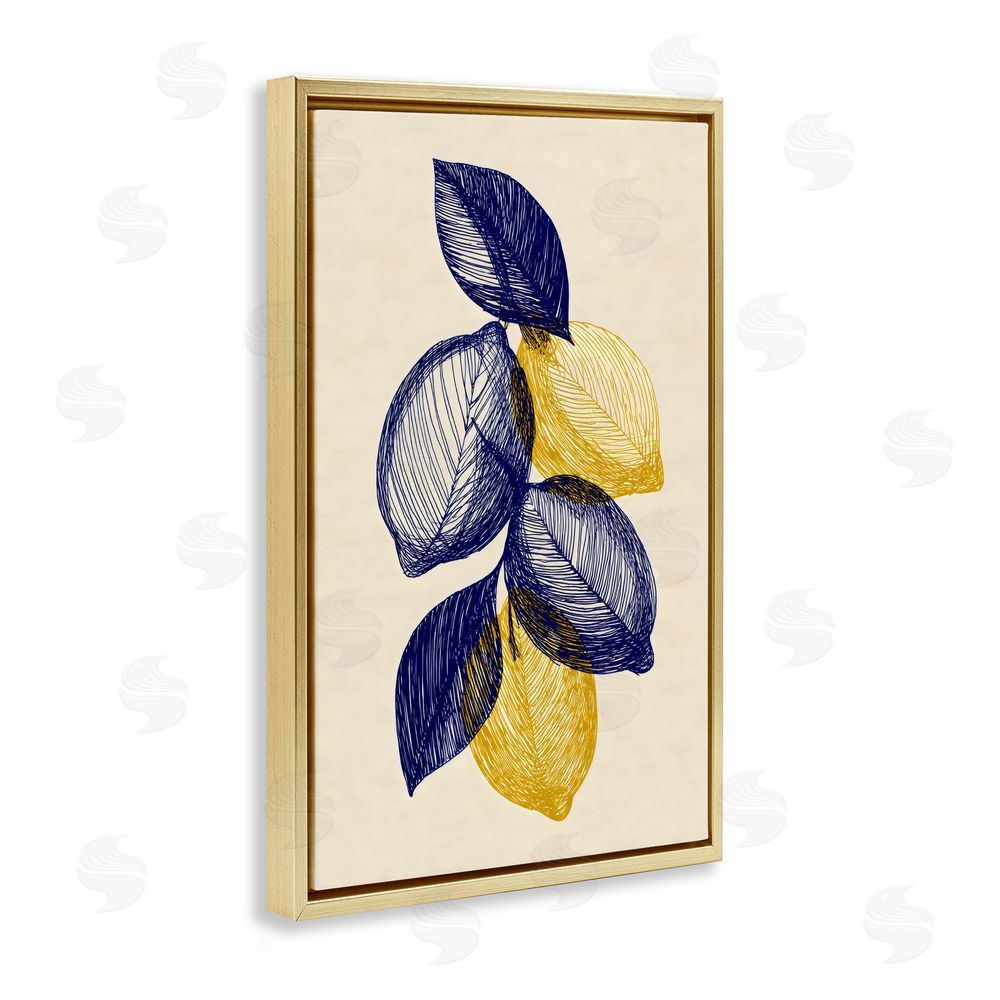 Petal Prints Design Navy Lemons Botanical Sketch Gold Floating Framed Canvas Wall Art