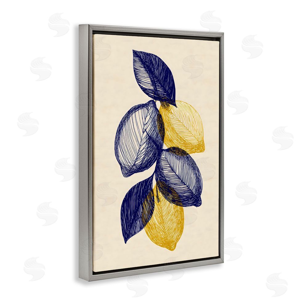 Petal Prints Design Navy Lemons Botanical Sketch Gray Floating Framed Canvas Wall Art