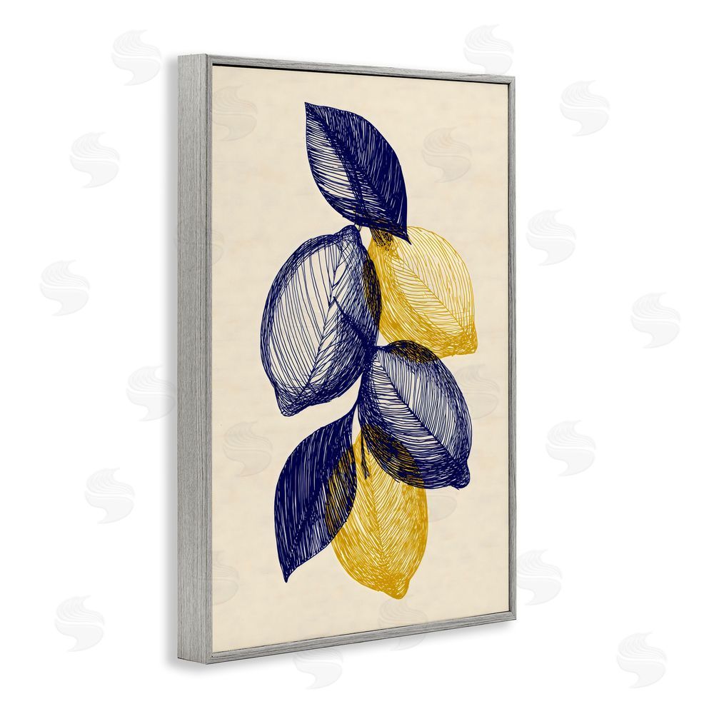 Petal Prints Design Navy Lemons Botanical Sketch Gray Framed Giclee Wall Art