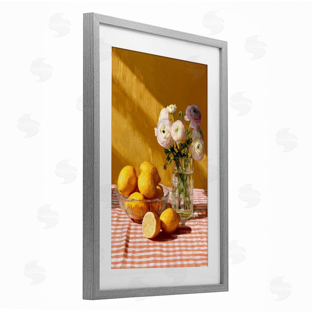 Petal Prints Design Lemony Breakfast Arrangement Gray Framed Print Under Glass Wall Art