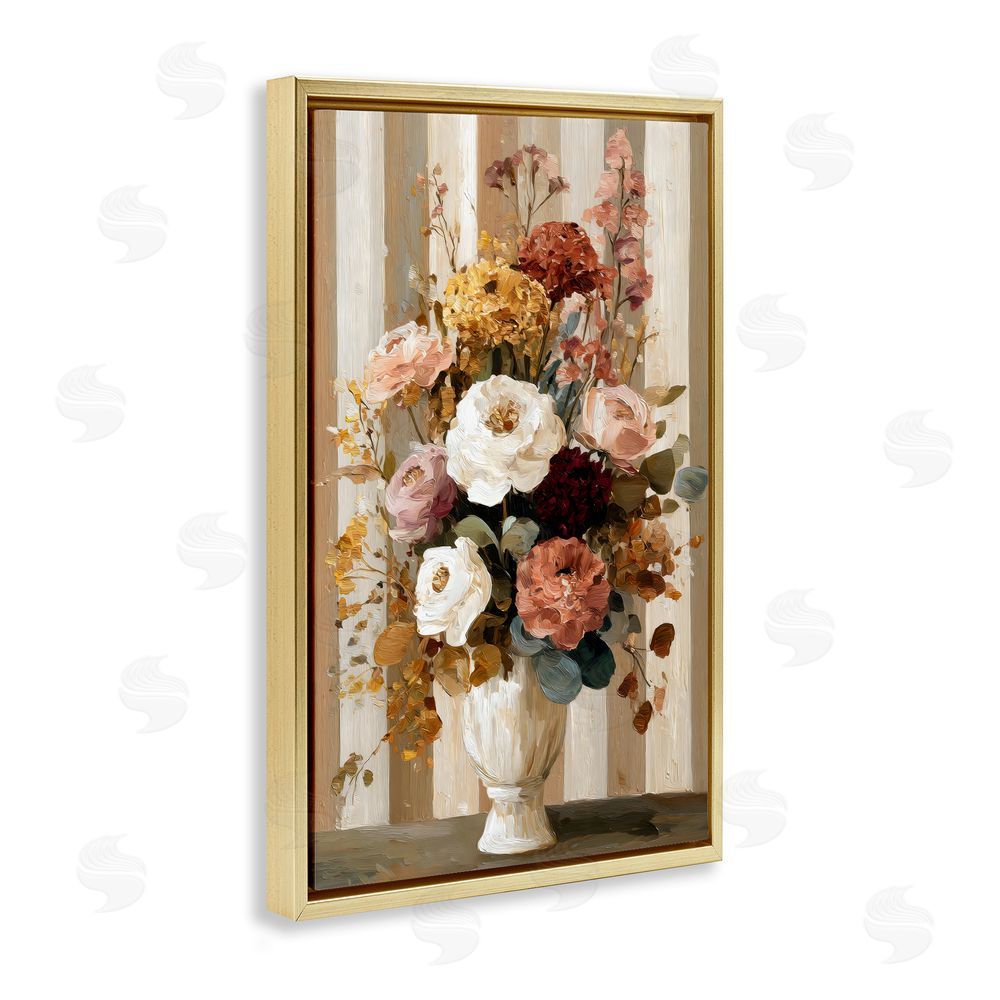 Petal Prints Design Vintage Arrangement in Vase Gold Floating Framed Canvas Wall Art Print