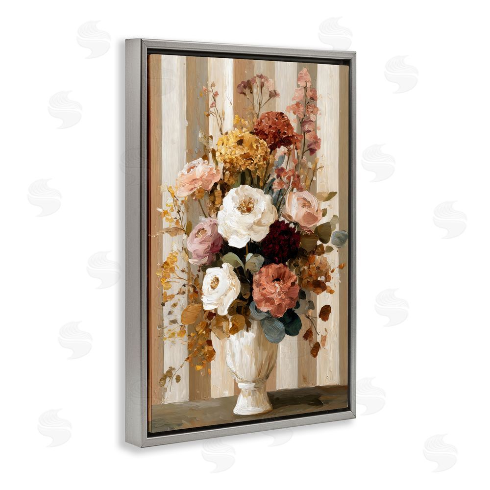 Petal Prints Design Vintage Arrangement in Vase Gray Floating Framed Canvas Wall Art Print