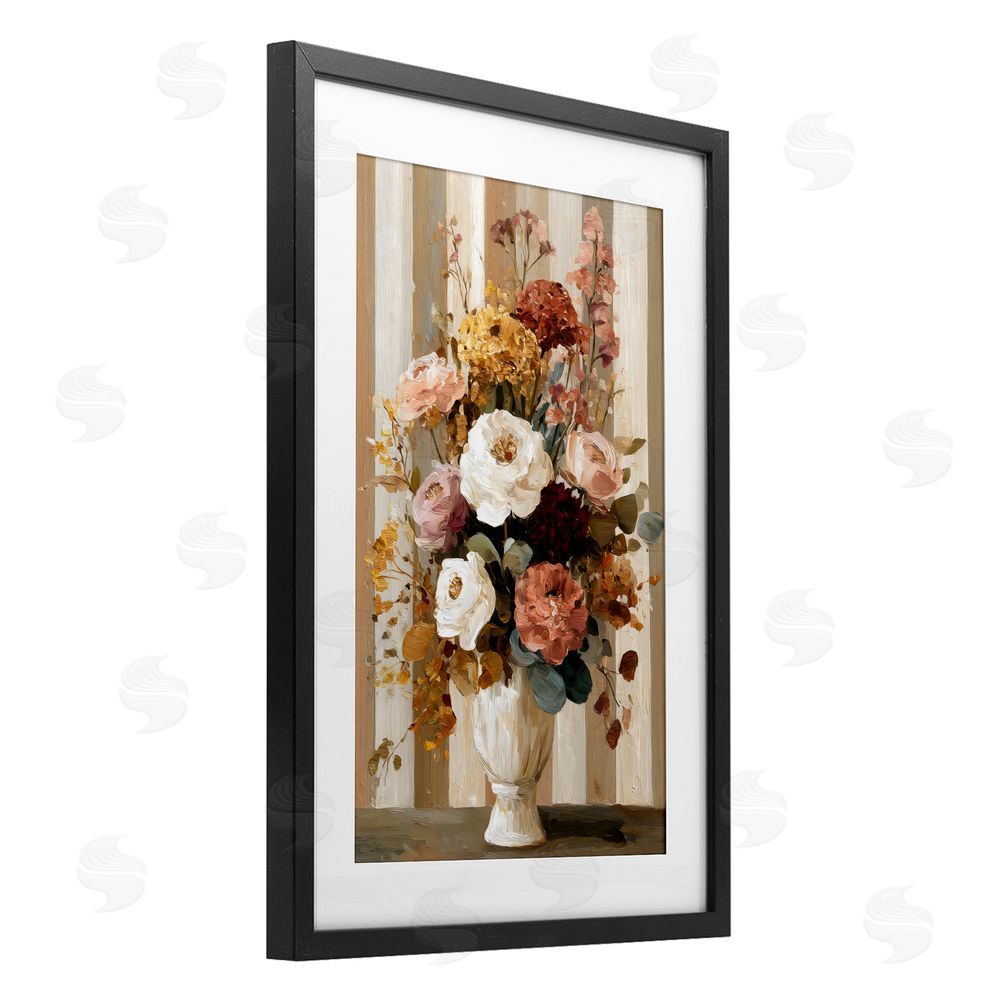 Petal Prints Design Vintage Arrangement in Vase Black Framed Print Under Glass with White Mat Wall Art