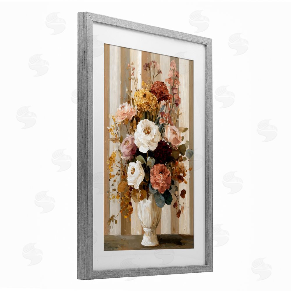 Petal Prints Design Vintage Arrangement in Vase Gray Framed Print Under Glass with White Mat Wall Art
