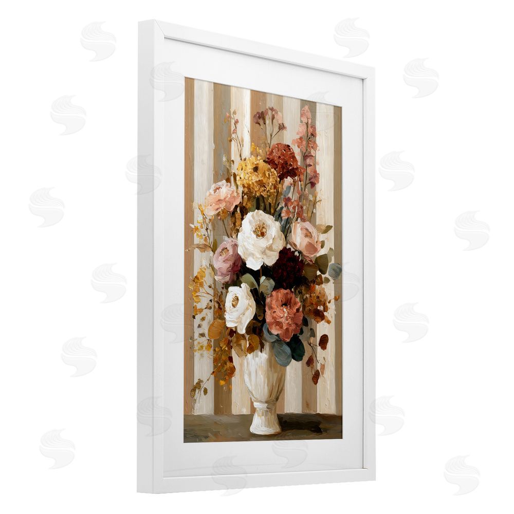 Petal Prints Design Vintage Arrangement in Vase White Framed Print Under Glass with White Mat Wall Art