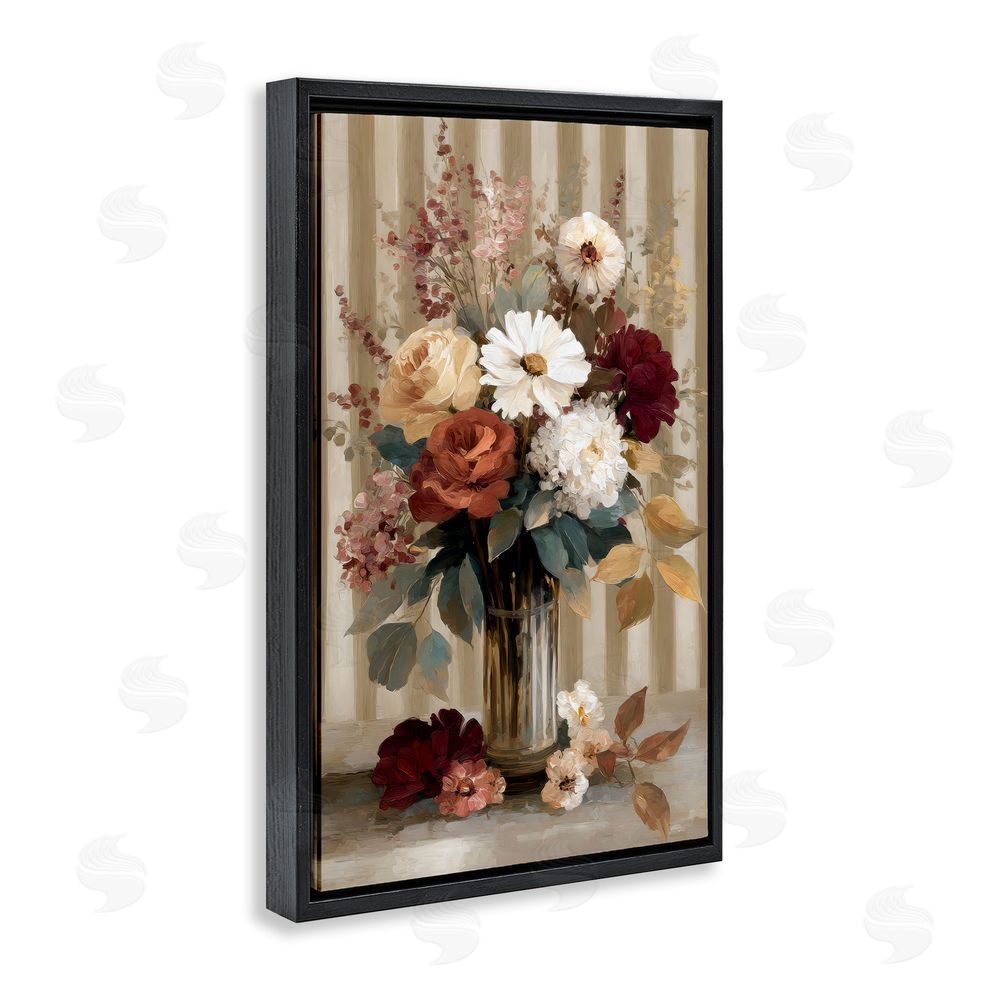Petal Prints Design Vintage Arrangement with Stripes Black Floating Framed Canvas Wall Art Print
