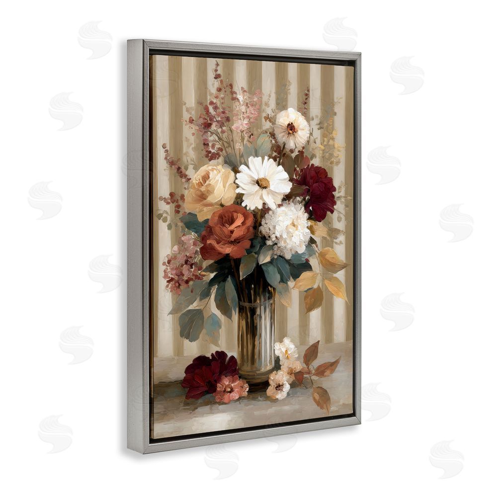 Petal Prints Design Vintage Arrangement with Stripes Gray Floating Framed Canvas Wall Art Print