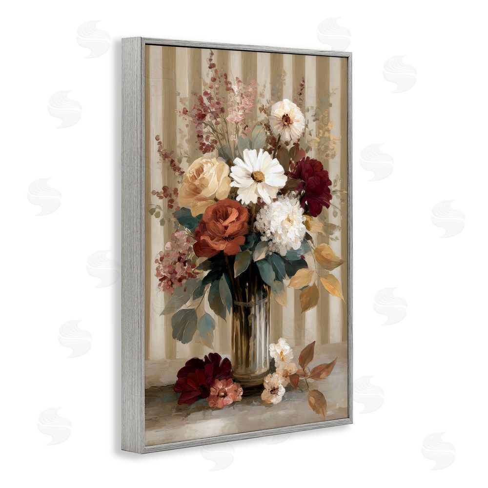 Petal Prints Design Vintage Arrangement with Stripes Gray Framed Giclee Wall Art Print