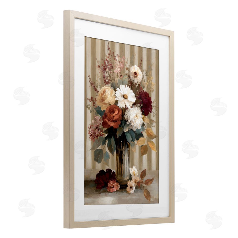 Petal Prints Design Vintage Arrangement with Stripes Brown Framed Print Under Glass with White Mat Wall Art
