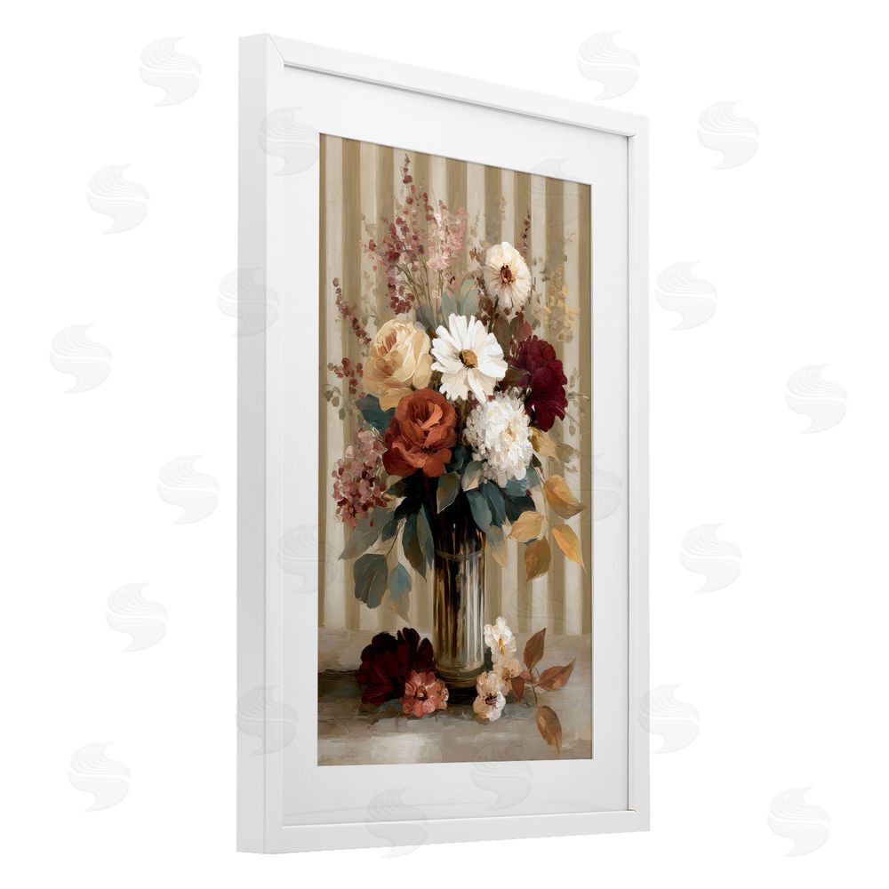 Petal Prints Design Vintage Arrangement with Stripes White Framed Print Under Glass with White Mat Wall Art