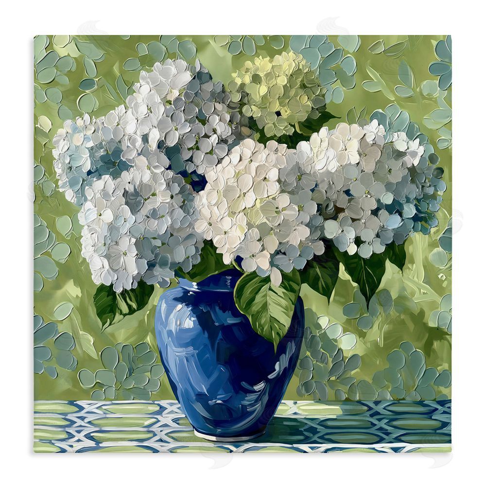 Gina Kelly White Hydrangeas in Blue Vase Stretched Canvas Wall Art Print