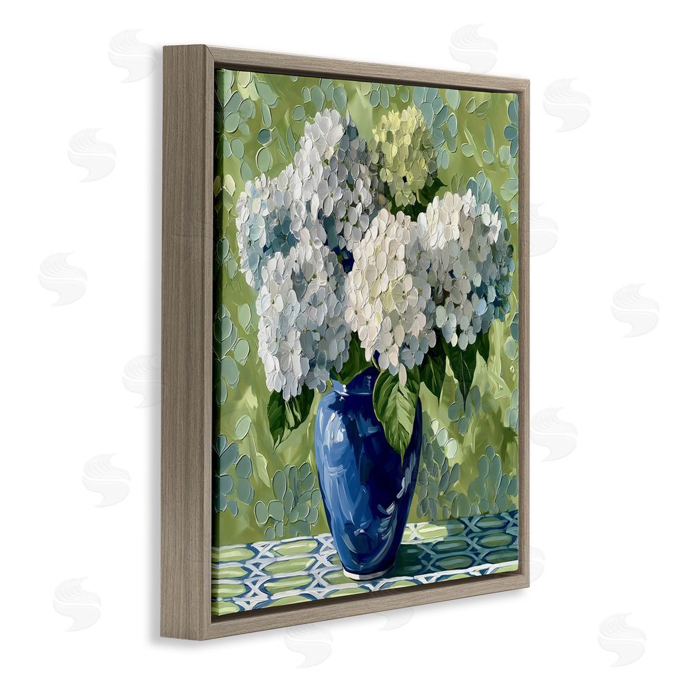Gina Kelly White Hydrangeas in Blue Vase Brown Floating Framed Canvas Wall Art Print