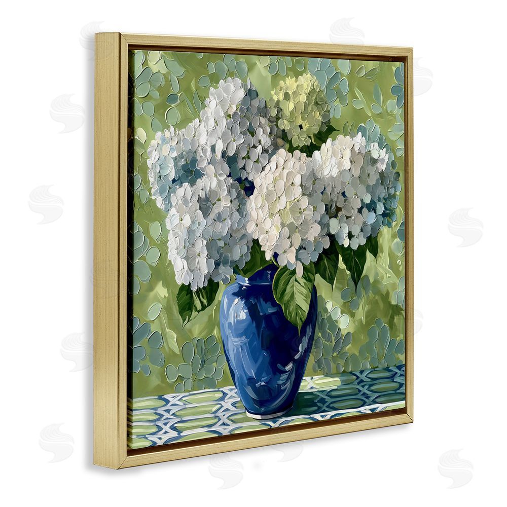 Gina Kelly White Hydrangeas in Blue Vase Gold Floating Framed Canvas Wall Art Print