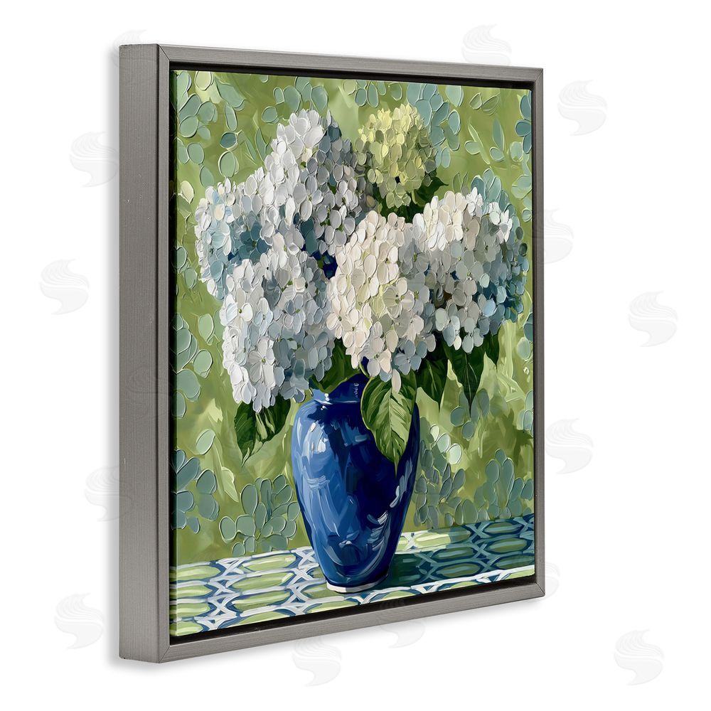 Gina Kelly White Hydrangeas in Blue Vase Gray Floating Framed Canvas Wall Art Print