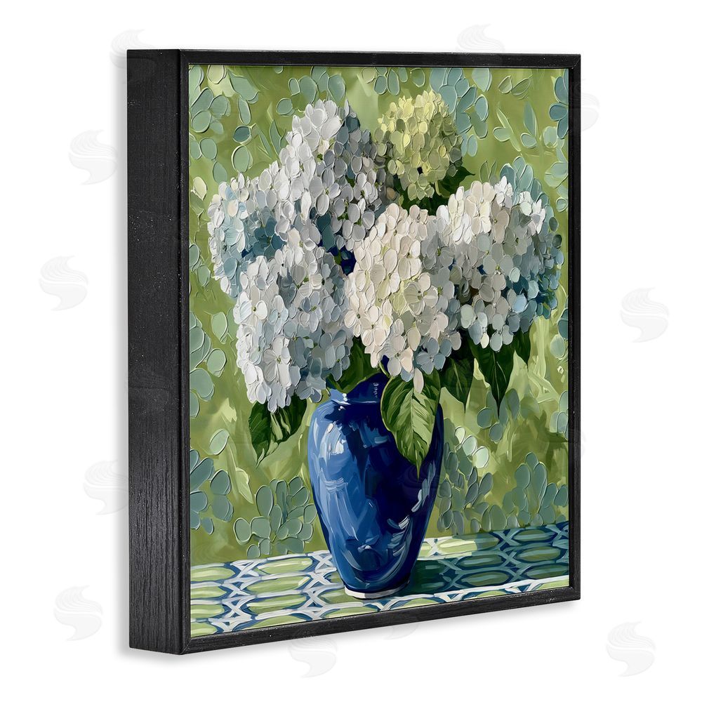 Gina Kelly White Hydrangeas in Blue Vase Black Framed Giclee Wall Art Print
