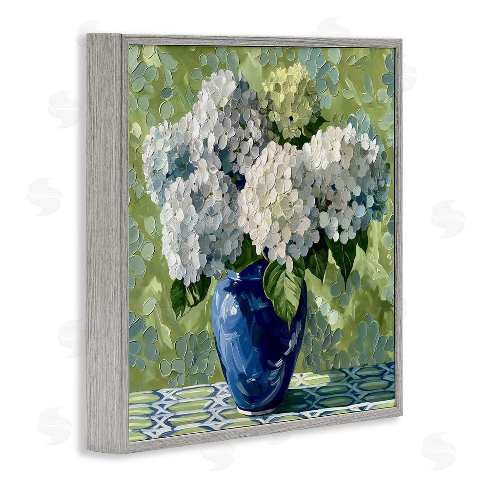 Gina Kelly White Hydrangeas in Blue Vase Gray Framed Giclee Wall Art Print
