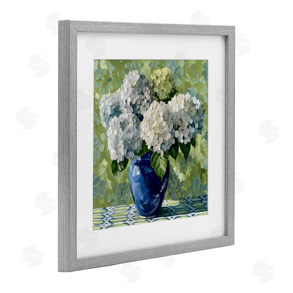 Gina Kelly White Hydrangeas in Blue Vase Gray Framed Print Under Glass with White Mat Wall Art