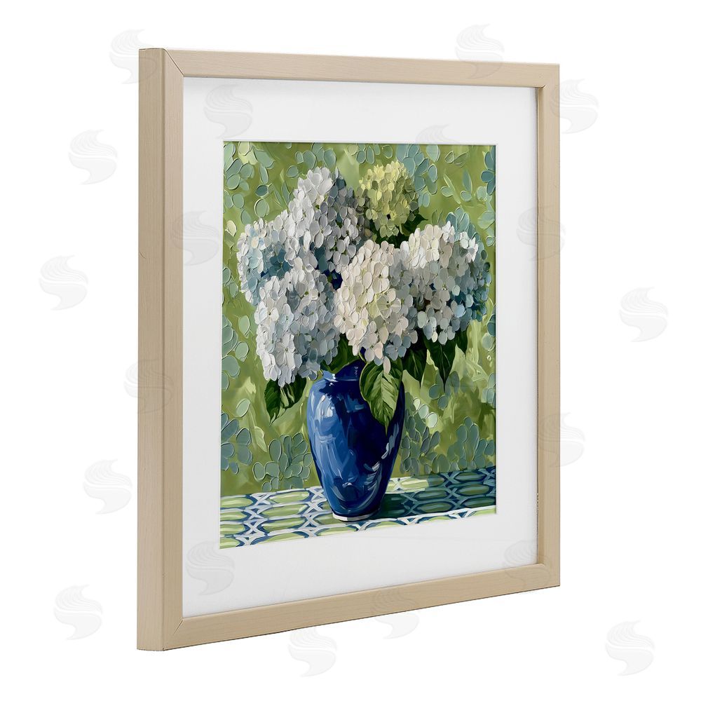 Gina Kelly White Hydrangeas in Blue Vase Brown Framed Print Under Glass with White Mat Wall Art