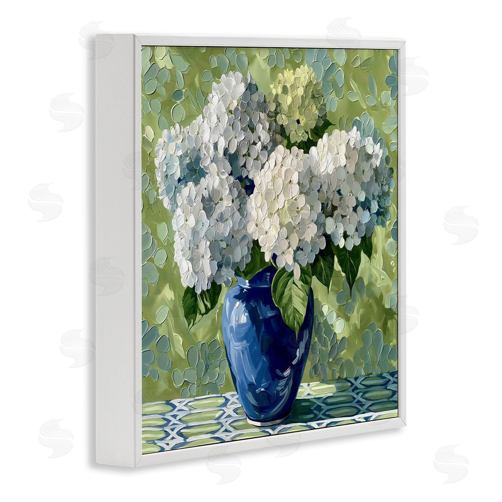 Gina Kelly White Hydrangeas in Blue Vase White Framed Giclee Wall Art Print