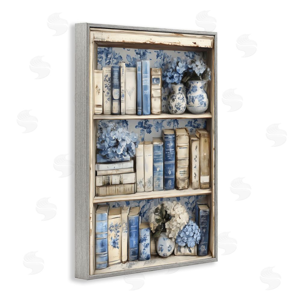 LSR Design Studio Blue & Beige Bookcase Gray Framed Giclee Wall Art Print