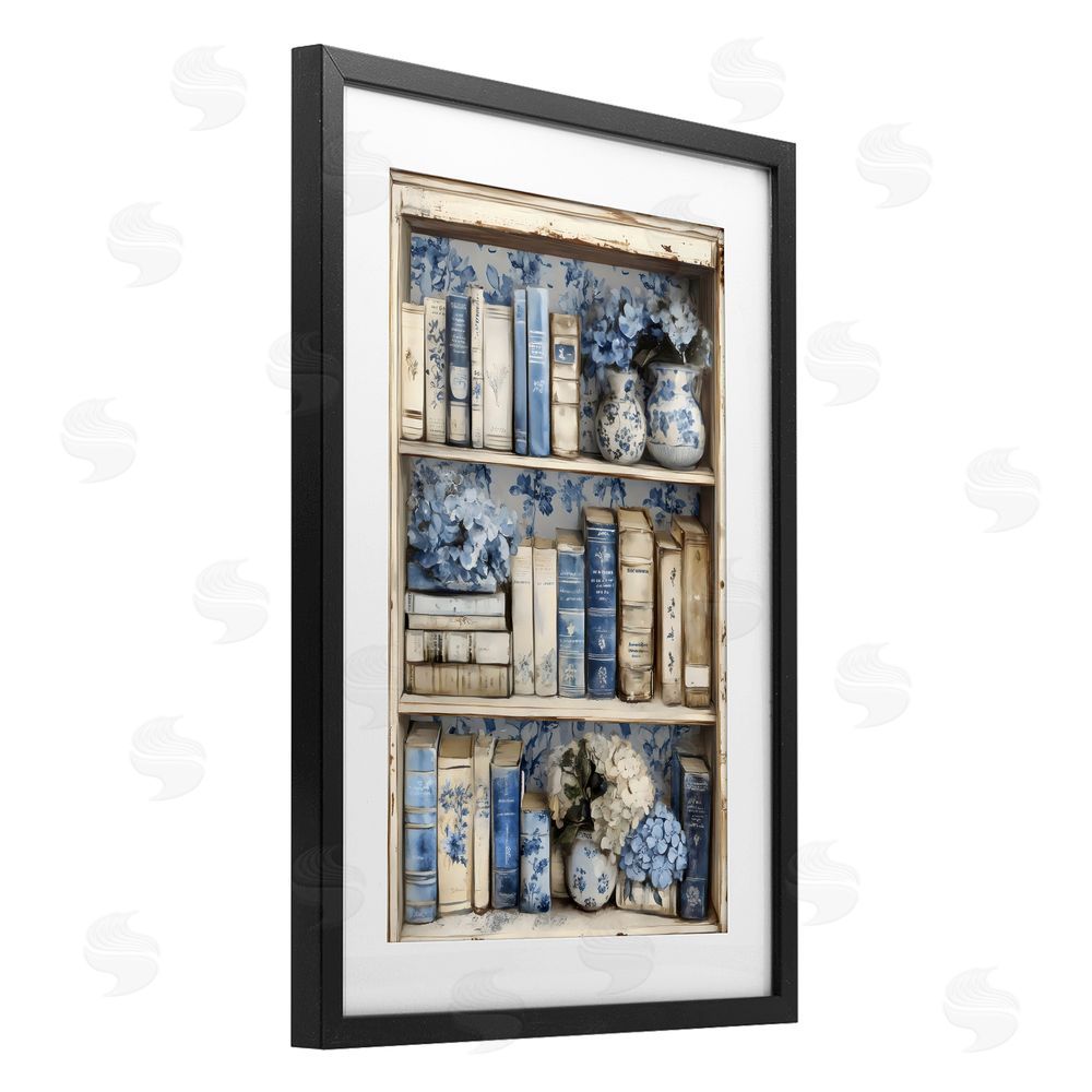 LSR Design Studio Blue & Beige Bookcase Black Framed Print Under Glass Wall Art
