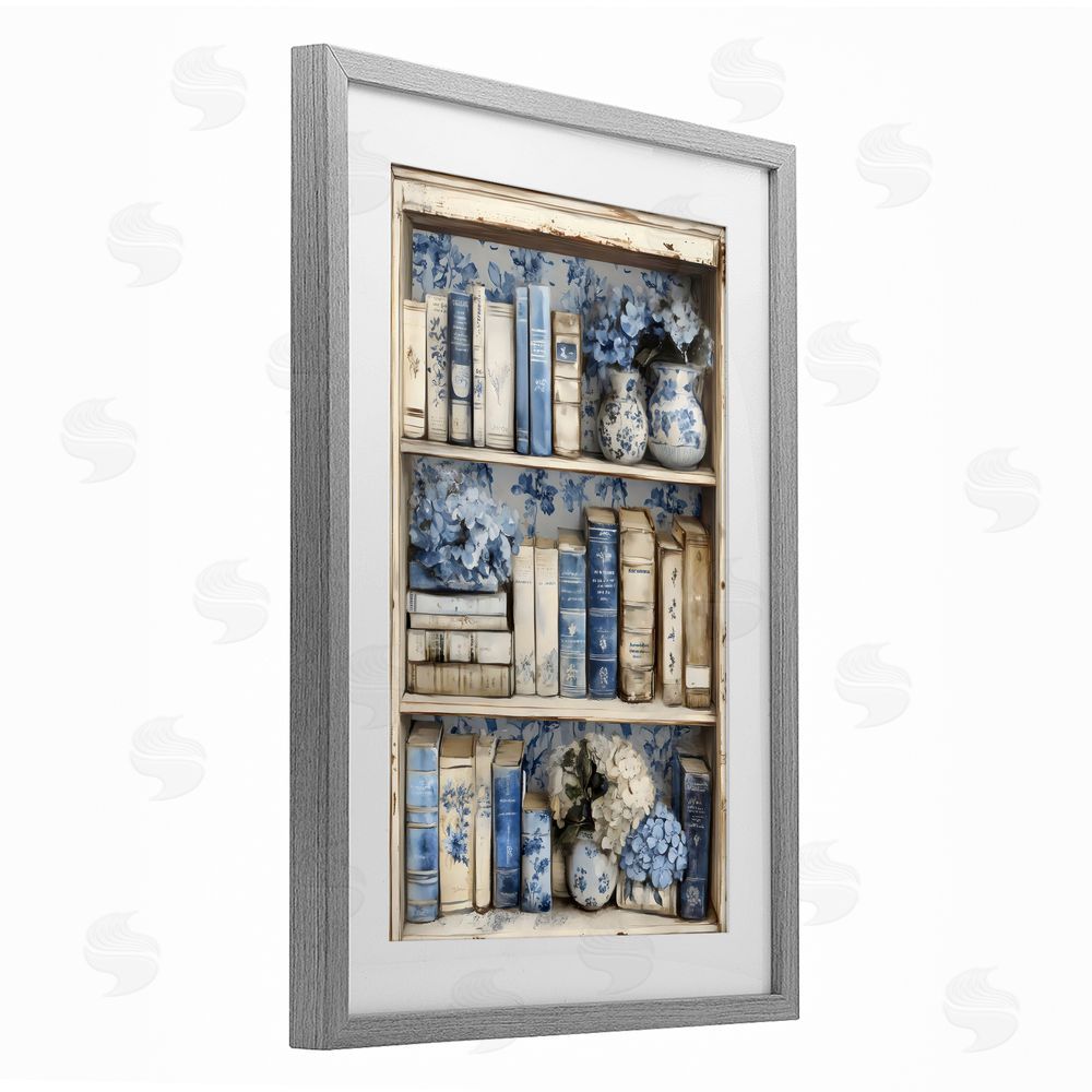 LSR Design Studio Blue & Beige Bookcase Gray Framed Print Under Glass Wall Art