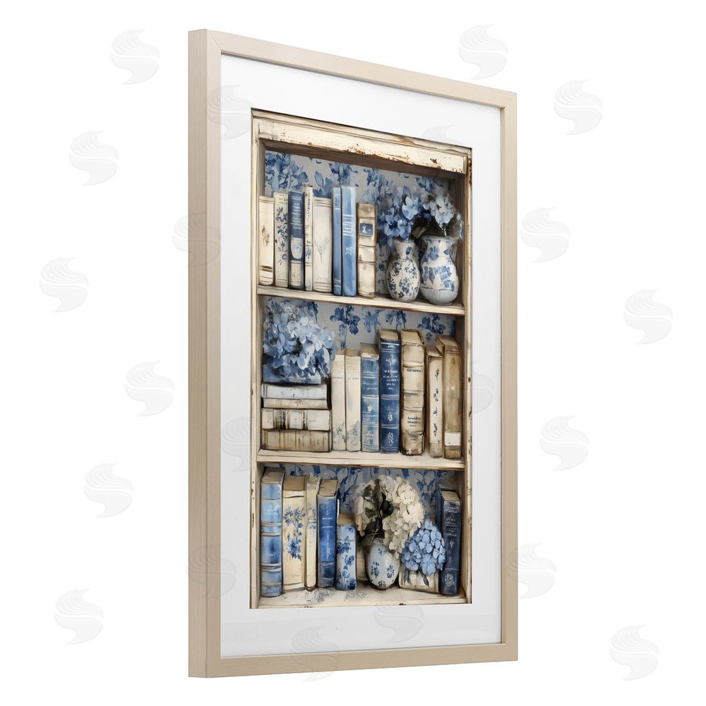 LSR Design Studio Blue & Beige Bookcase Birch Framed Print Under Glass Wall Art