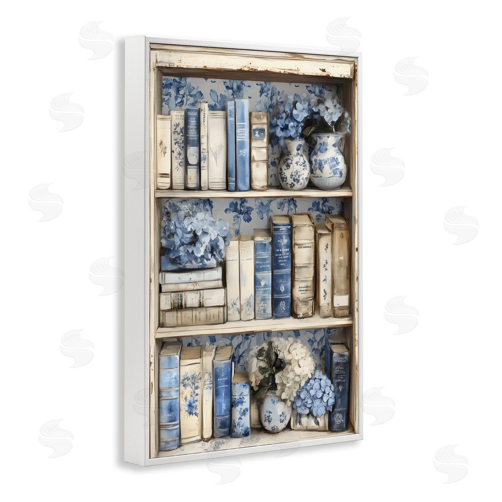 LSR Design Studio Blue & Beige Bookcase White Framed Giclee Wall Art Print