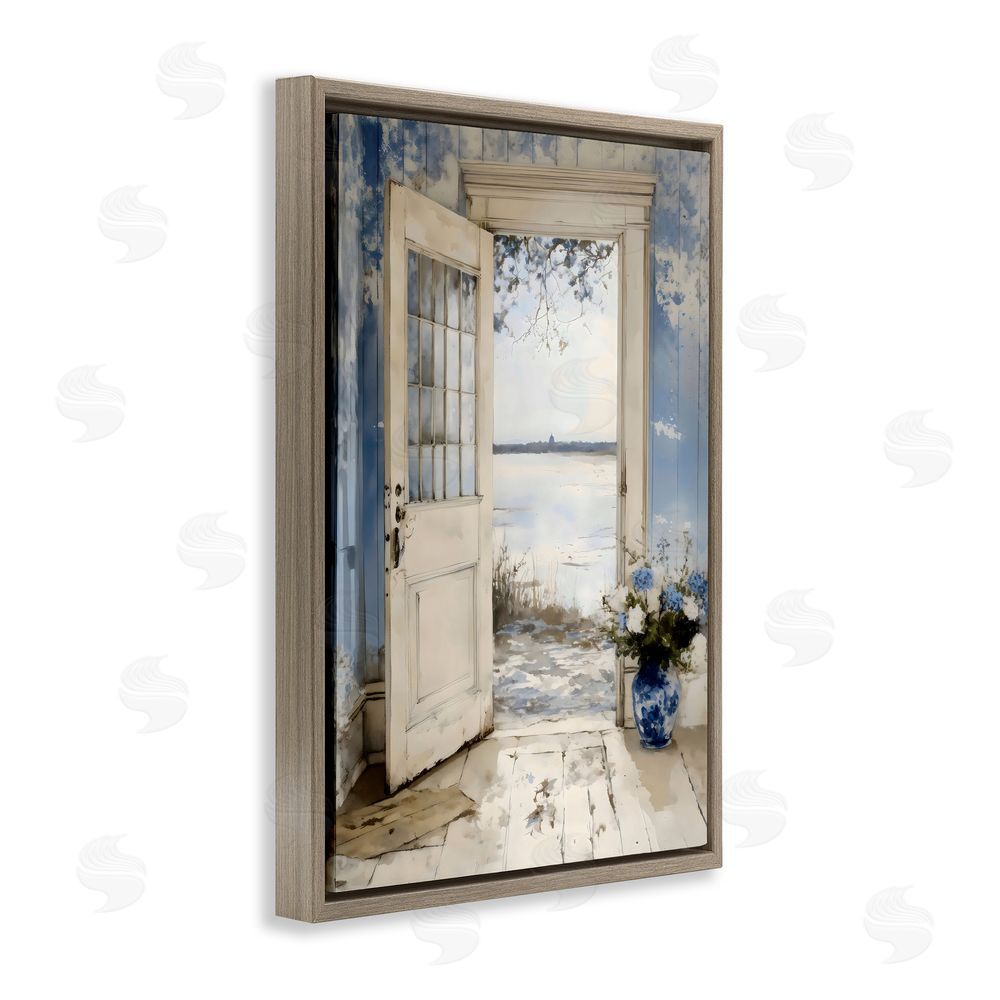 LSR Design Studio Blue Country Cottage Doorway Brown Floating Frame Stretched Canvas Wall Art Print