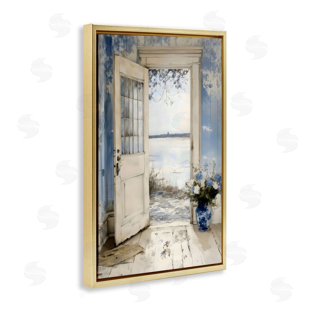 LSR Design Studio Blue Country Cottage Doorway Gold Floating Frame Stretched Canvas Wall Art Print