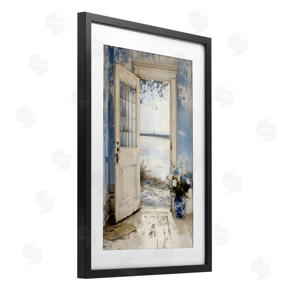 LSR Design Studio Blue Country Cottage Doorway Black Framed Print Under Glass with Matting Wall Art