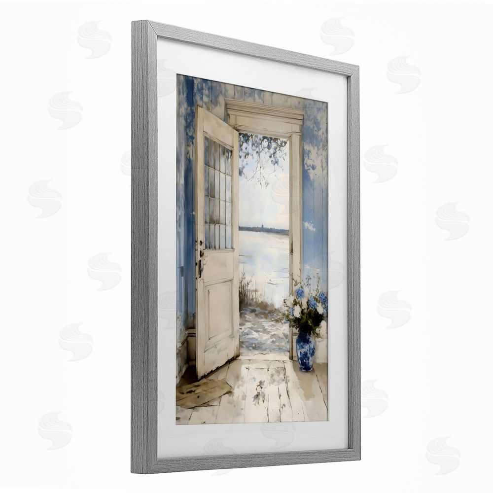 LSR Design Studio Blue Country Cottage Doorway Gray Framed Print Under Glass with Matting Wall Art