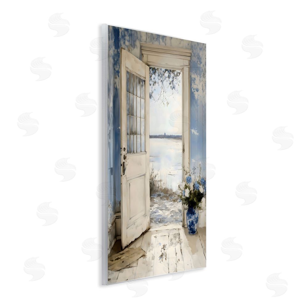 LSR Design Studio Blue Country Cottage Doorway Wall Plaque Art Print with White Foil Wrap
