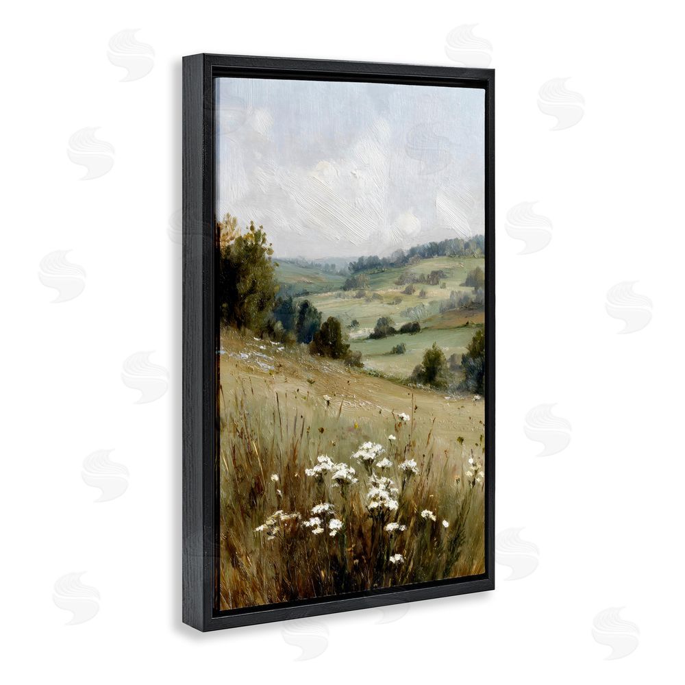 Petal Prints Design Hill of White Flowers Black Floating Framed Canvas Wall Art