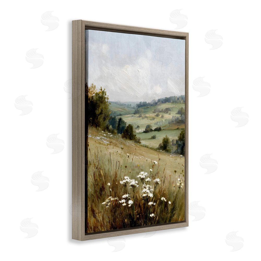 Petal Prints Design Hill of White Flowers Brown Floating Framed Canvas Wall Art